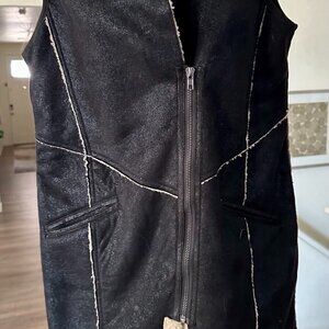 A.Gain Faux Shearling Zip Front Vest Black Cream S/M